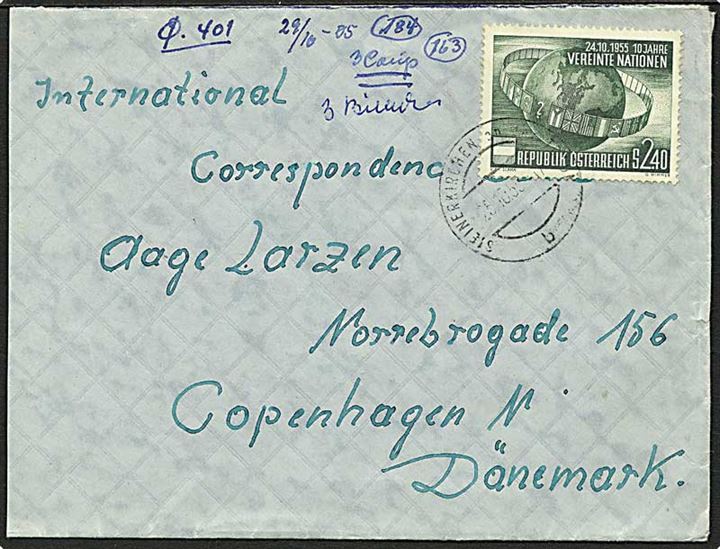 2,40 Sh. FN 10 års jubilæum single på brev fra Steinerkirchen 1955 til København.