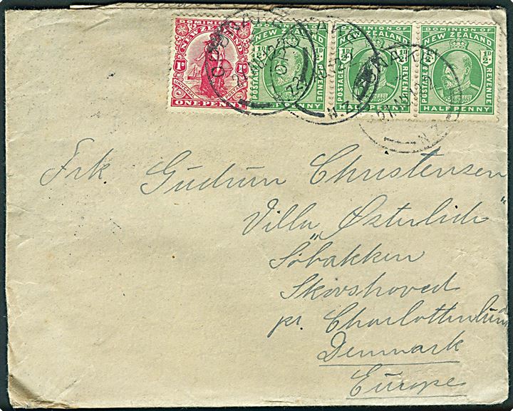2½d blandingsfrankeret brev med fuldt indhold fra Opunake d. 27.8.1912 via Eltham til Skovshoved pr. Charlottenlund, Danmark.