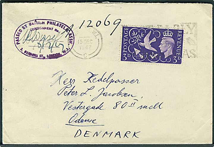 3d George VI på brev fra London d. 15.12.1947 til Odense. Ovalt stempel: Passed by British Philateliv Assn. 