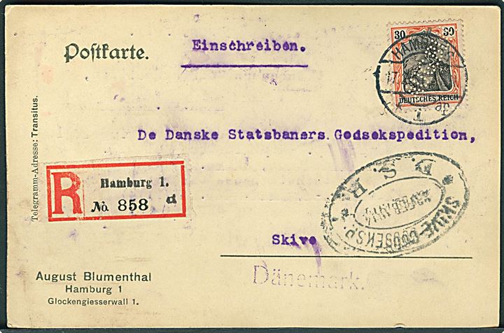 30 pfg. Germania med perfin AUG.BL. sendt anbefalet fra firma August Blumenthal i Hamburg d. 17.2.1914 til Skive, Danmark. Ank.stemplet med ovalt jernbanestempel Skive Godseksp. * D.S.B. * d. 23.2.1914.