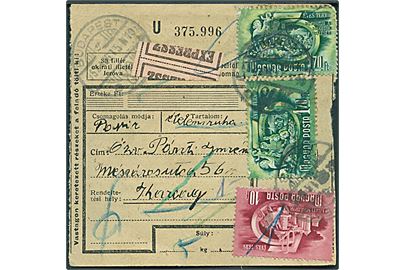 Blandingsfrankeret adressekort for eksprespakke fra Budapest 1952 til Karcag.
