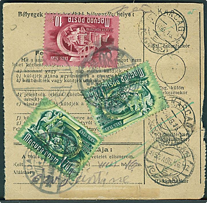 Blandingsfrankeret adressekort for eksprespakke fra Budapest 1952 til Karcag.