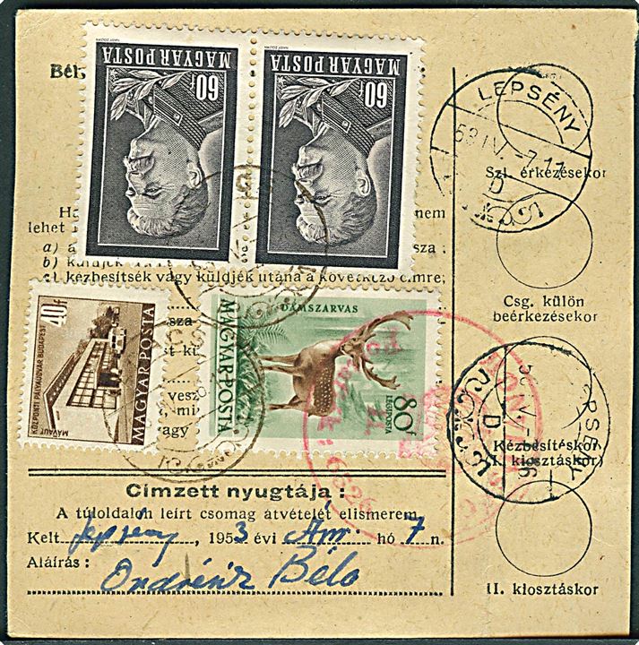 Blandingsfrankeret adressekort for pakke fra 1953 til militæradresse (?). 