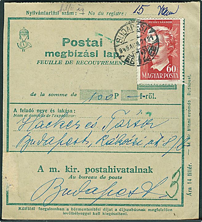 60 f. Sandor single på postal formular stemplet Budapest d. 21.8.1949.
