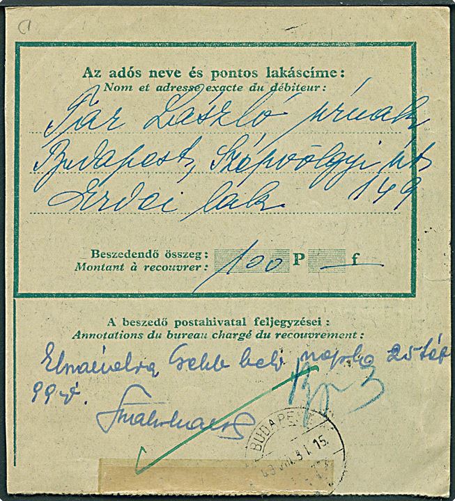 60 f. Sandor single på postal formular stemplet Budapest d. 21.8.1949.