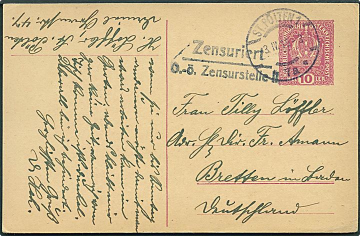 10 h. helsagsbrevkort fra St. Pölten d. 3.4.1919 til Bretten, Tyskland. Censurstemplet: Zensuriert O.-ö. Zensurstelle II