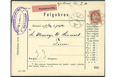 50 øre Posthorn single på adressebrev for pakke med opkrævning fra Notodden d. 1.8.1906.