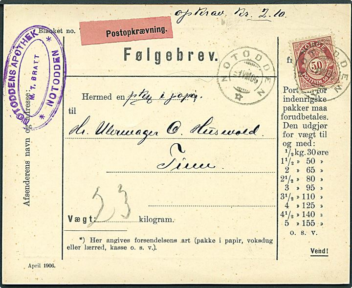 50 øre Posthorn single på adressebrev for pakke med opkrævning fra Notodden d. 1.8.1906.