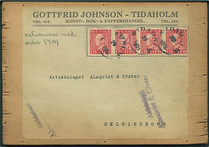 15 öre Gustaf i 4-stribe på genbrugt træplade benyttet som adresseseddel for forsendelse fra Tidaholm 1935 til Helsingborg.