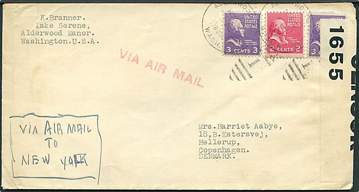 2 cents og 3 cents (2) på luftpostbrev påskrevet via Air Mail to New York fra Alderwood Manor, Washington d. 6.11.1939 til Hellerup, Danmark. Åbnet af tidlig britisk censur PC66/1655.