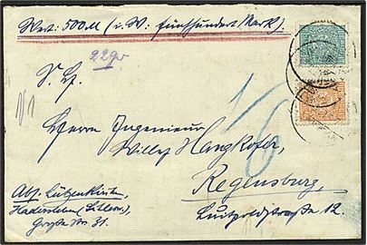 25 pfg. og 75 pfg. Fællesudg. på 2. vægtkl. værdibrev fra Haderslev d. 18.3.1920 til Regensburg, Tyskland. Flot brugsforsendelse.