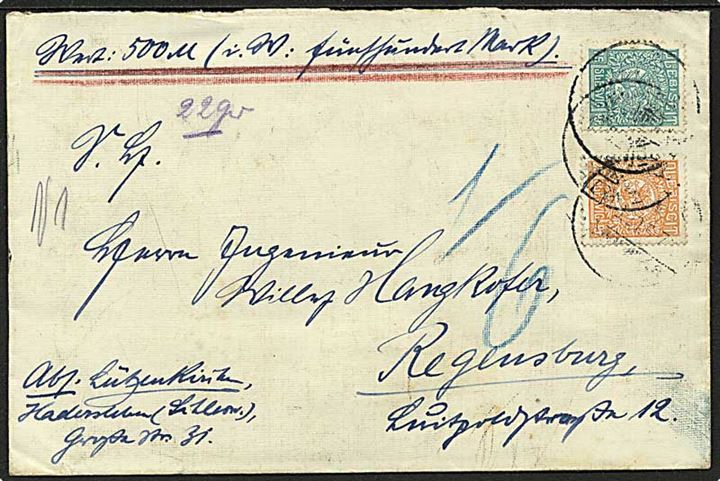 25 pfg. og 75 pfg. Fællesudg. på 2. vægtkl. værdibrev fra Haderslev d. 18.3.1920 til Regensburg, Tyskland. Flot brugsforsendelse.