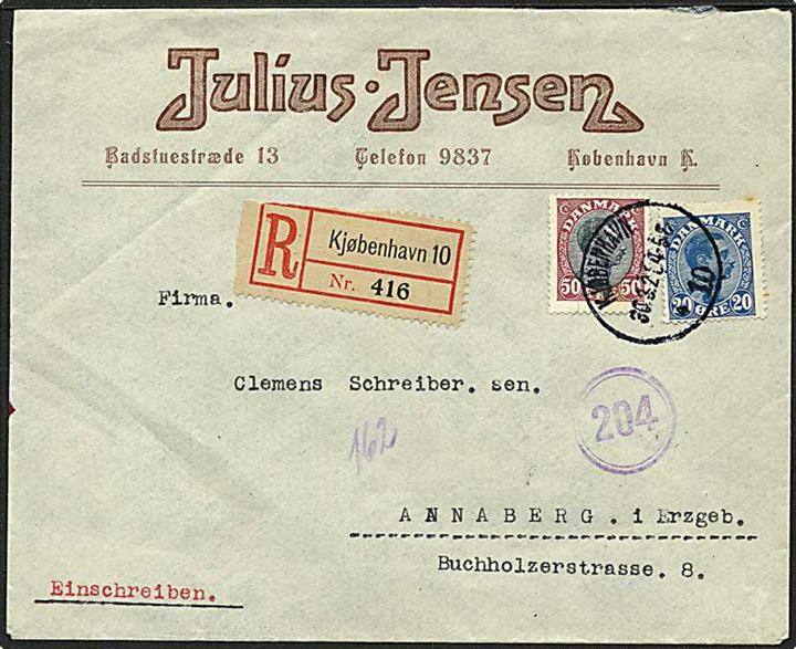 20 øre og 50 øre Chr. X på anbefalet brev fra Kjøbenhavn d. 30.3.1921 til Annaberg, Tyskland. 50 øre med lille rift.