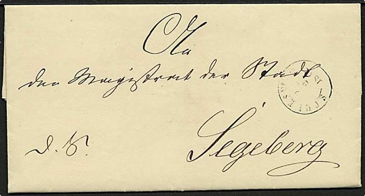 1849. Tjenestebrev med Antikva IIb stempel Schleswig d. 14.2.1848 til Segeberg. På bagsiden laksegl fra Schleswig Holsteinische Regierung.