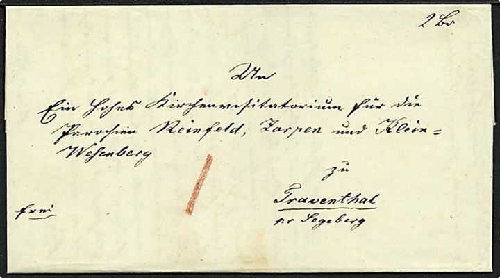 1842. Francobrev med indhold dateret Petersdorf auf Fehmarn d. 31.5.1842 til Trauenthal pr. Segeberg.