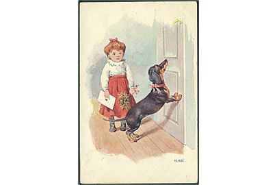 Pige og gravhund står foran døren. B. K. W. I. no. 2592-1.