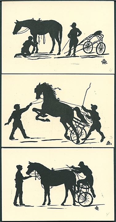 12 silhuet postkort med Rytter, Hest & Vogn. U/no. 