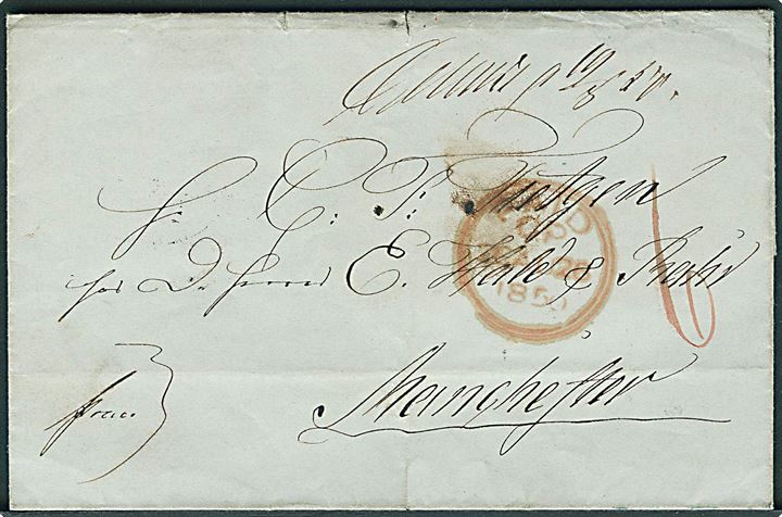 1850. Francobrev med håndskrevet bynavn og dato Odense d. 19/8 50 via K.D.O.P.A. Hamburg d. 23.8.1850 og London d. 26.8.1850 til Manchester, England.  