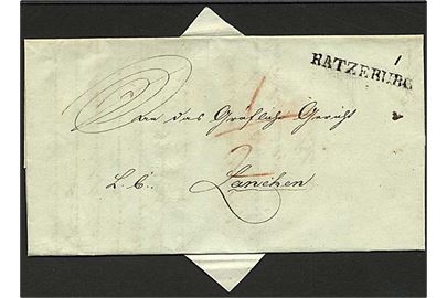 1829. Brev med liniestempel RATZEBURG dateret 1.7.1829. På bagsiden stort kongeligeligt papirsegl.