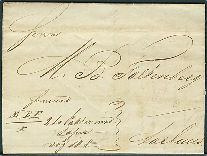 1847. Pakkefølgebrev iflg indhold dateret i Kjøbenhavn d. 29.7.1847 for pakker sendt med dampskibet Christian III Kapt. Köpke til Aarhus.