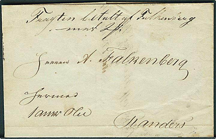 1843. Pakkefølgebrev mærket Hermed 1 anker Olie fra Aarhus d. 6.4.1843 til Randers. Påskrevet Fragten betalt af Falkenberg med 2 sk..