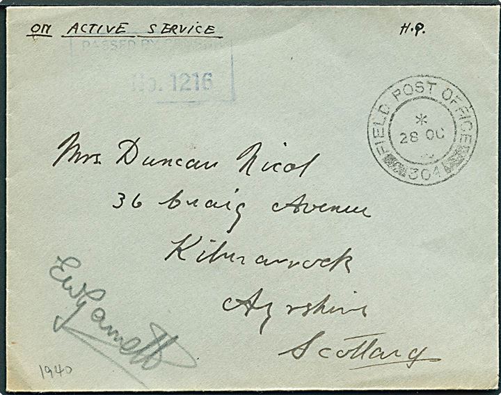 Ufrankeret OAS feltpostbrev stemplet Field Post Office 304 (= Akureyri) d. 28.10.1940 til Scotland. Blåt unit censurstempel no. 1216.