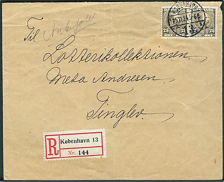 25 øre Chr. IX i parstykke på anbefalet brev fra København d. 25.11.1924 til Tinglev. Meget sen anvendelse af Chr. IX udg.
