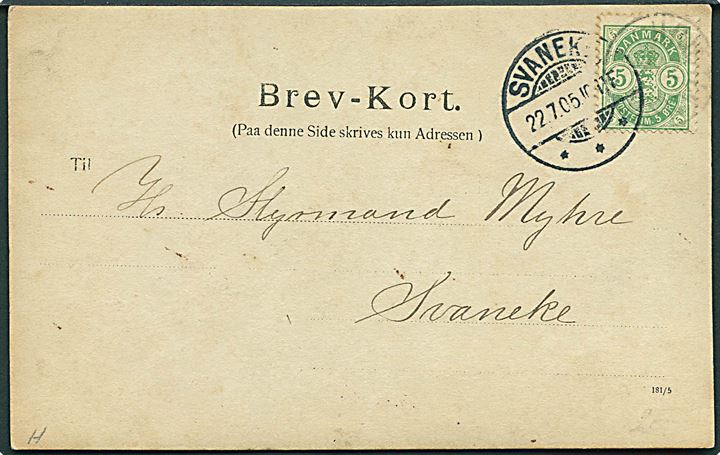 5 øre Våben på brevkort (George Stage på Christiansø) annulleret med svagt lapidar Christiansø d. 21.7.1905 og sidestemplet Svaneke d. 22.7.1905 til Svaneke. 