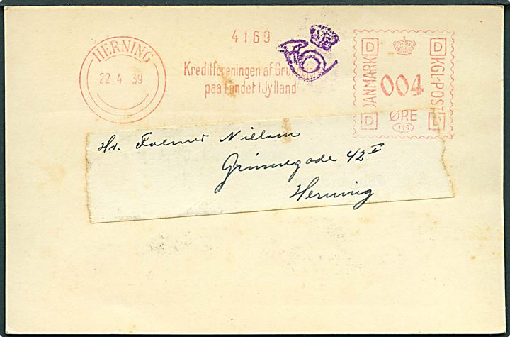 4 øre firmafranko på tryksagsbrevkort i Herning d. 22.4.1939. Violet kronet/posthorn tryksagskontrol stempel.