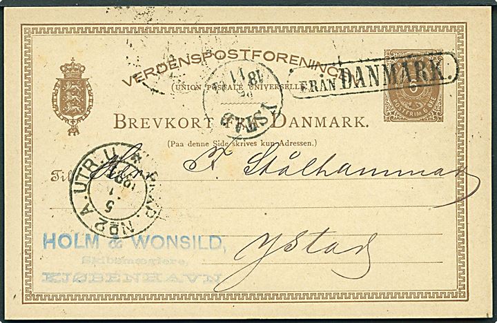 6 øre helsagsbrevkort fra Kjøbenhavn annulleret med svensk skibsstempel Från Danmark og sidestemplet PKXP No. 2A UTR U d. 5.11.1884 til Ystad, Sverige.