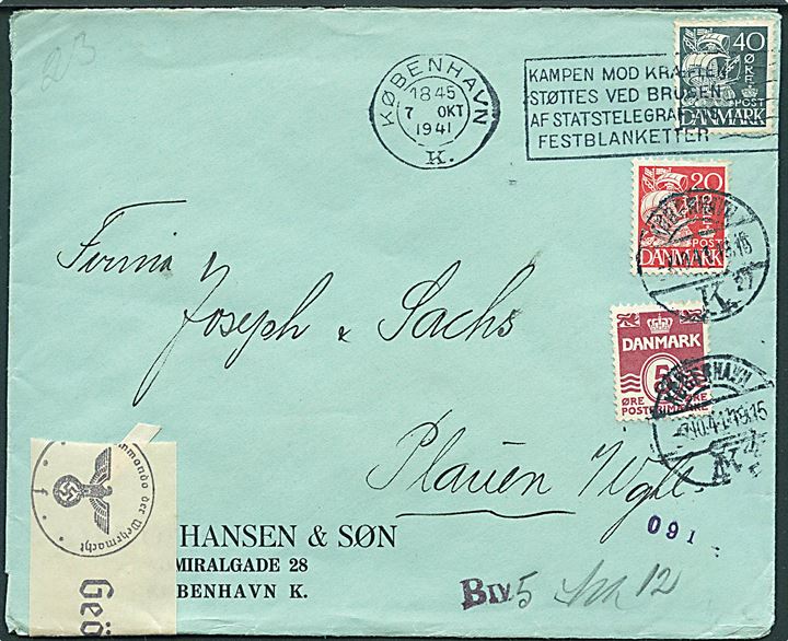 5 øre Bølgelinie, 20 øre og 40 øre Karavel på brev fra København d. 7.10.1941 til Plauen, Tyskland. Åbnet af tysk censur i Hamburg.