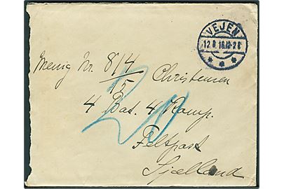 Ufrankeret brev fra Askov stemplet Vejen d. 12.8.1916 til soldat i 4. Bat. 4. Komp. Feltpost Sjælland. Udtakseret i 20 øre porto.