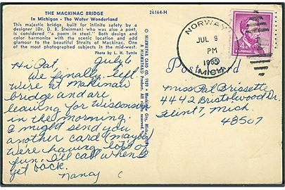 4 cents Lincoln på brevkort stemplet NORWAY MICH. d. 9.7.1965 til Flint, Mich., USA.