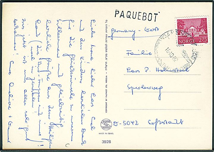 2,75 kr. på brevkort (Jerusalem) annulleret med skibsstempel M/S Vistafjord on cruice posted on board d. 18.10.1982 og sidestemplet Paquebot til Tyskland.