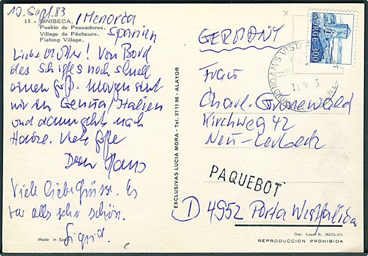 3 kr. på brevkort (Bibibeca) dateret Menorca, Spanien og annulleret med skibsstempel M/S Vistafjord on cruice posted on board d. 11.9.1983 og sidestemplet Paquebot til Porta Westphalia, Tyskland.
