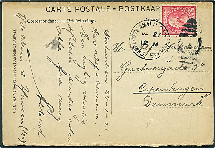 2 cents Washington på brevkort annulleret med duplex stempel Charlotte Amalie Saint Thomas / 1 d. 27.1.1921 til København, Danmark.