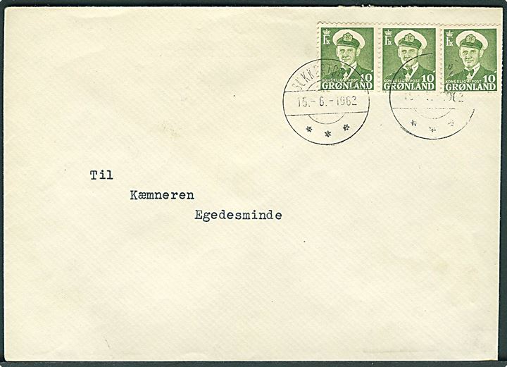 10 øre Fr. IX i 3-stribe på brev fra Sukkertoppen d. 15.6.1962 til Egedesminde.