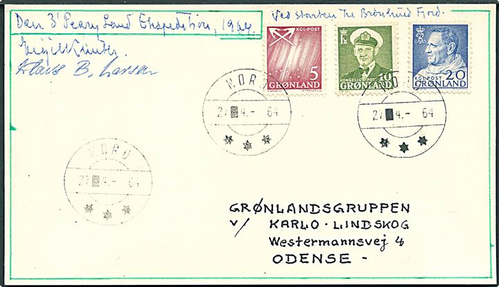 5 øre Nordlys, 10 øre og 20 øre Fr. IX på filatelistisk ekspeditions-brevkort stemplet Nord d. 27.4.1964 til Odense. Fra 3. Peary Land Ekspedition 1964 med signatur af bl.a. polarforskeren Egil Knuth (1903-1996).  