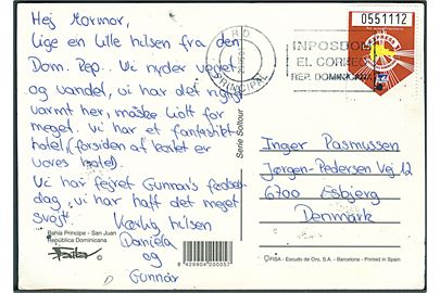 Eksprespost etiket på brevkort fra den Dominikanske Republik d. 29.5.2001 til Esbjerg.
