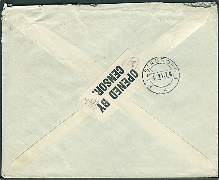 2½d George V på brev fra Hull d. 28.10.1914 til Helsingborg, Sverige. Åbnet af tidlig britisk censur med lille censurbanderole Opened by Censor. 