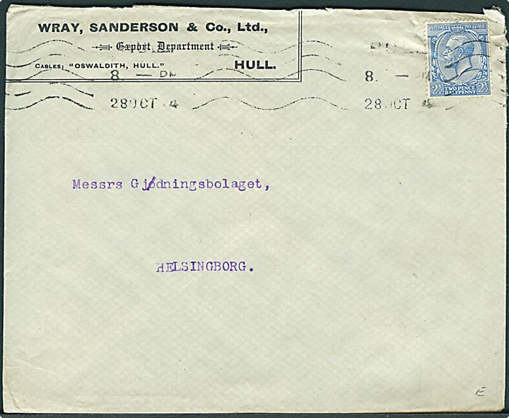 2½d George V på brev fra Hull d. 28.10.1914 til Helsingborg, Sverige. Åbnet af tidlig britisk censur med lille censurbanderole Opened by Censor. 