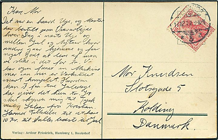 10 pfg. Germania med tydelig automatafskæring på brevkort fra Hamburg d. 17.12.1910 til Kolding, Danmark.