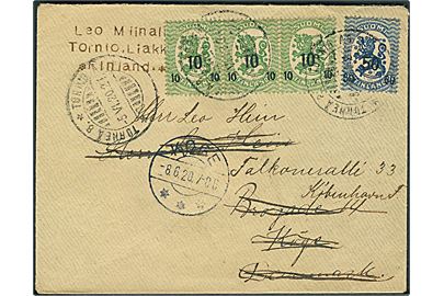 10/5 pen. (3) og 50/25 pen. Provisorium på brev annulleret med udslebet 2-sproget stempel fra Torneå B. d. 5.6.1920 til Køge, Danmark - eftersendt til København.