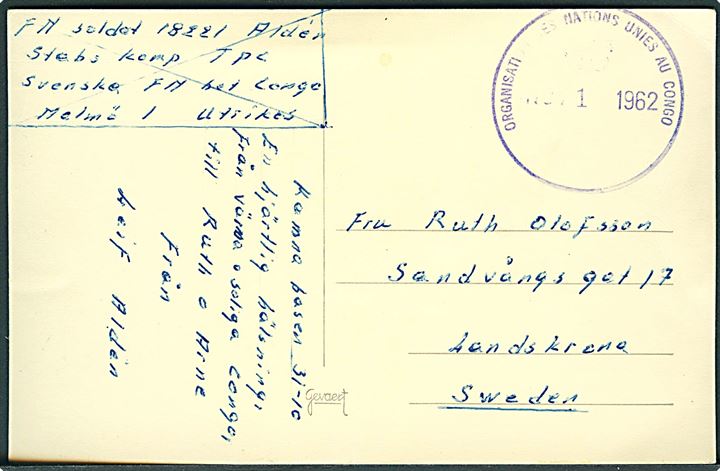 Ufrankeret brevkort fra Kamina stemplet Organisation des Nationes Unies au Congo d. 1.11.1962 til Landskrona, Sverige. Fra svensk FN-soldat i Congo.