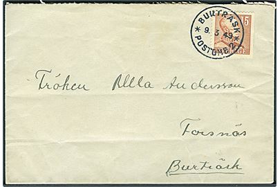 15 öre Gustaf på brev stemplet Burträsk * Postomb 2 * (= Järvtjärn) d. 9.3.1949 til Forsnäs pr. Burträsk.
