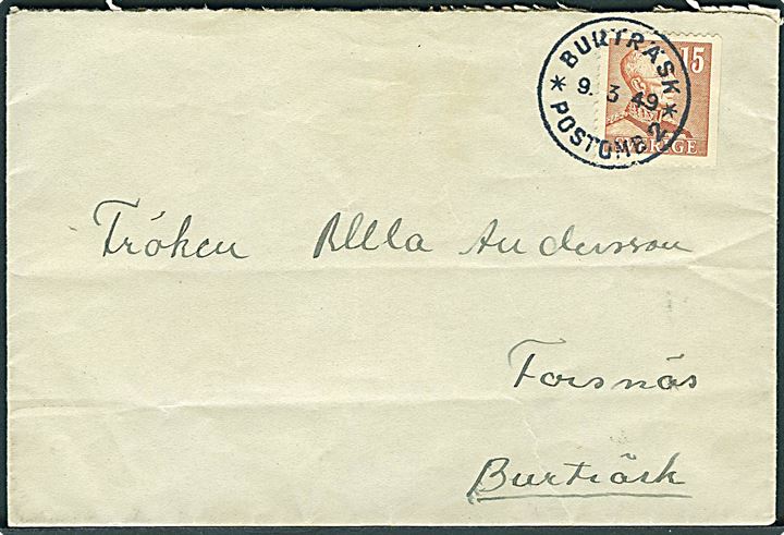 15 öre Gustaf på brev stemplet Burträsk * Postomb 2 * (= Järvtjärn) d. 9.3.1949 til Forsnäs pr. Burträsk.