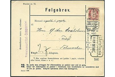 50 øre Posthorn single på adressekort for pakke fra Christiania d. 22.5.1908 til Tinn i Telemarken.