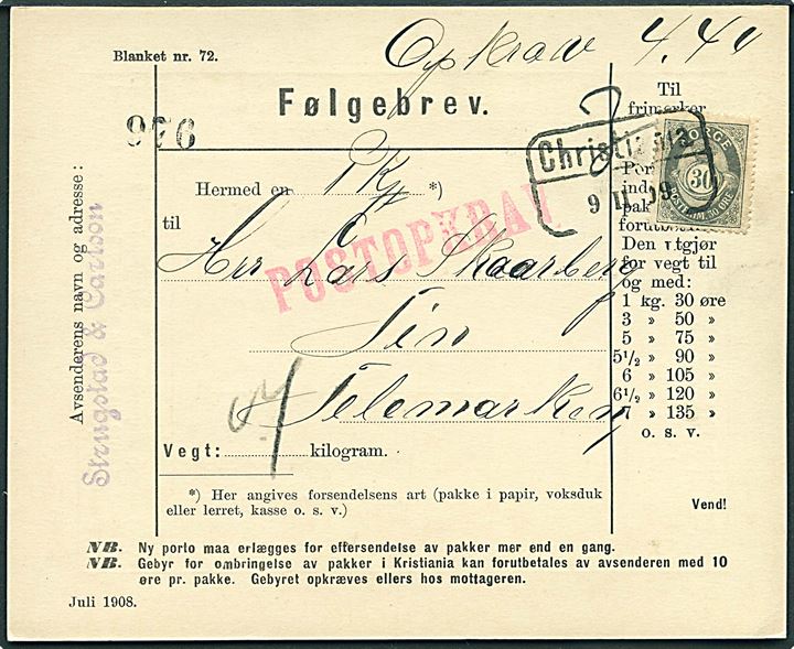 30 øre Posthorn single på adressekort for pakke med opkrævning fra Christiania d. 9.2.1909 til Tin i Telemarken.