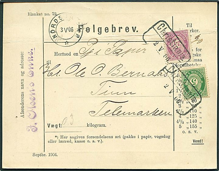 5 øre og 25 øre Posthorn på adressekort for pakke fra Christiania d. 2.5.1906 via sejlende bureau Nordsjø Pxp. d. 3.5.1906 til Tinn i Telemarken. 