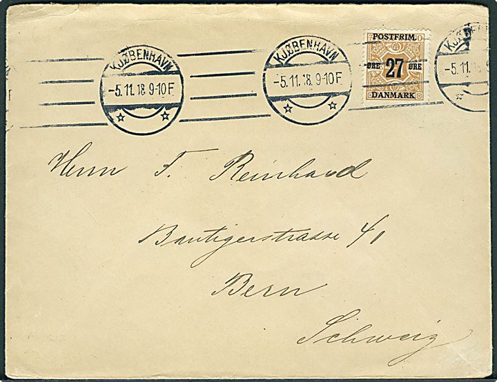 27/41 øre Provisorium på overfrankeret brev fra Kjøbenhavn d. 5.11.1918 til Bern, Schweiz.